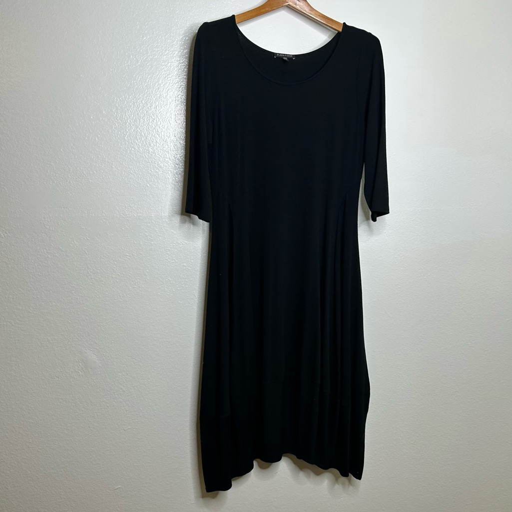 Eileen Fisher Black Jersey Rayon Long Sleeve Midi Dress M